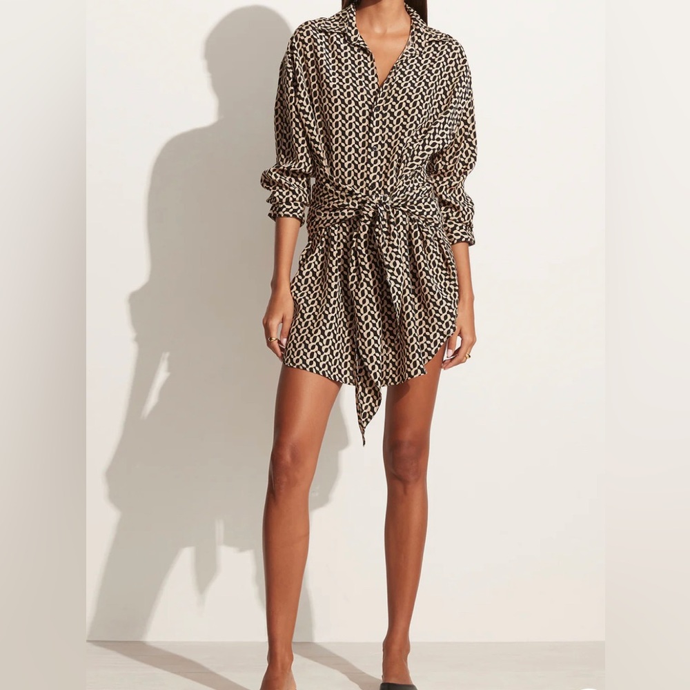 Faithfull the Brand Black and Cream Printed Long-Sleeve Tie-Waist Mini Dress